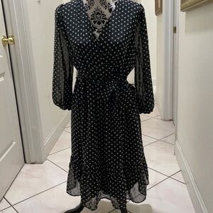 CALVIN KLEIN Womens Black Embroidered Dot 3/4 Sleeve V Neck Knee Length Dress M